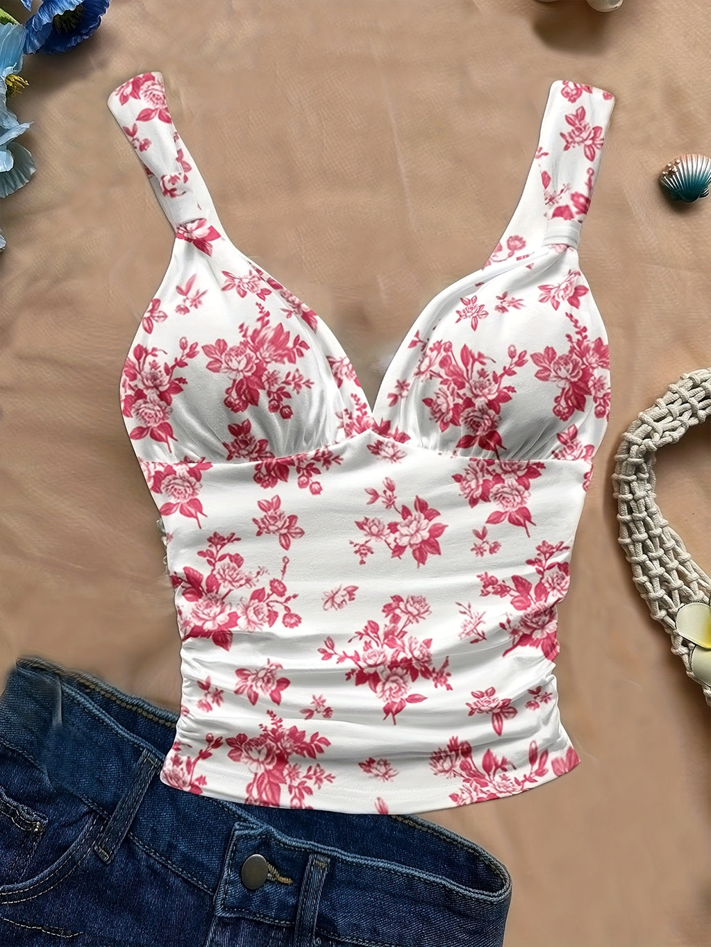 Women's Spring/summer New Hot Beach Tropical Vacation Outfits Casual Floral Slim Fit Bustier Halter Top - Red