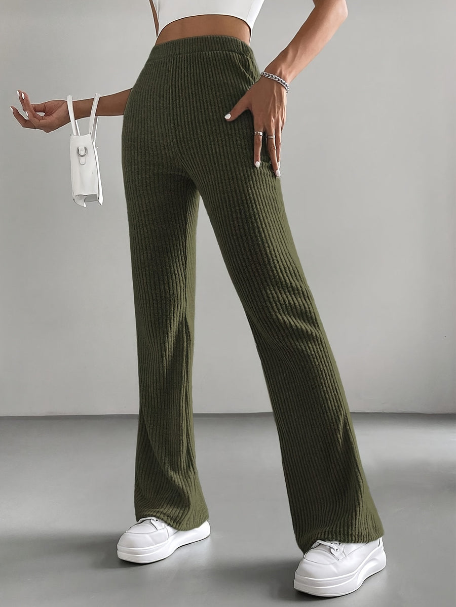 High-Waisted, Elastic Waist Straight-Leg Pants in Light with Small Ribbed Texture And a Slight Flare - Olive Green