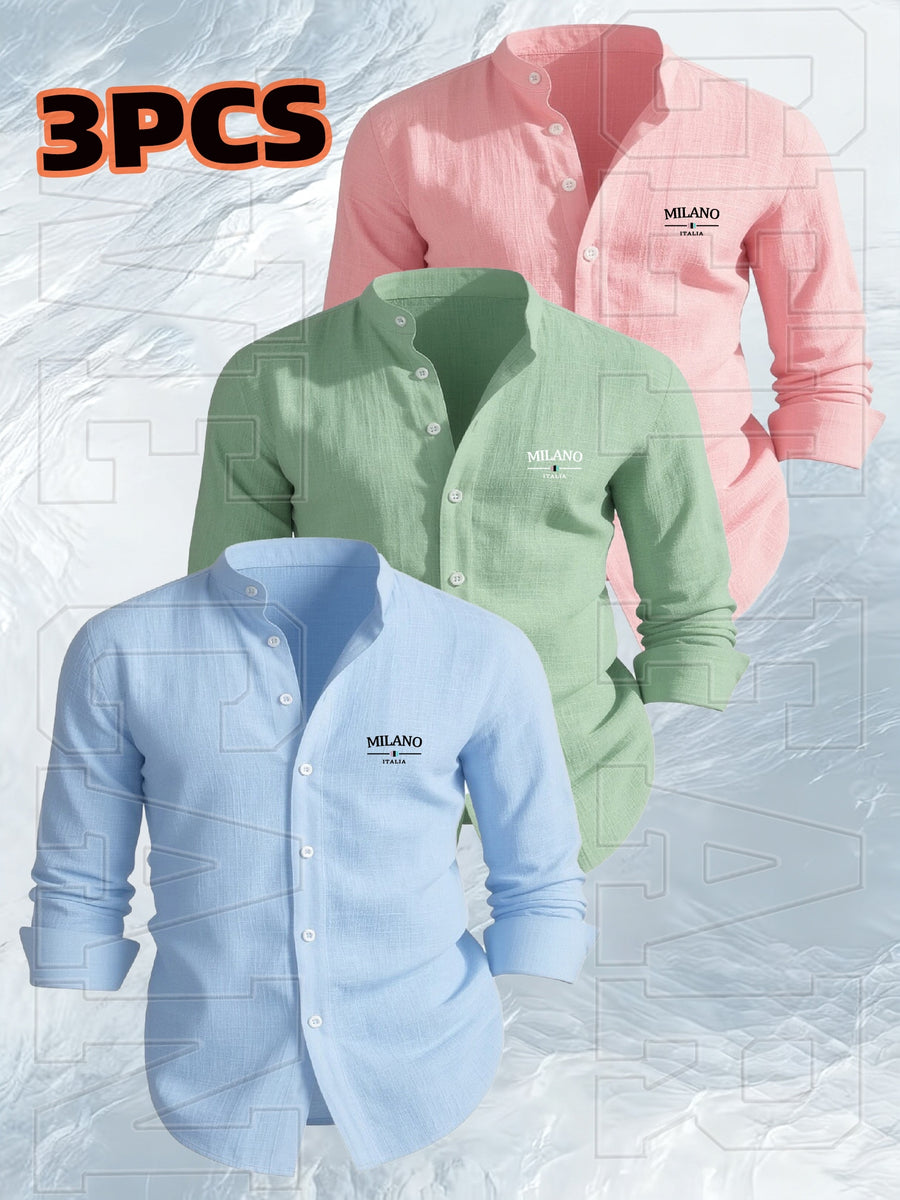 [Qiaoximei OBM] 3pcs Set, Men'S Clothing New Stand-Collar Solid Color Faux Linen Long Sleeve Shirt, Geometric Pattern Stand-Collar Easy Design, Spring Autumn Winter High-Quality Men'S Long Sleeve Stand-Collar Button-Up Shirt - Suitable for Outdoor L - Sky Blue + Light Green + Lotus Root Pink