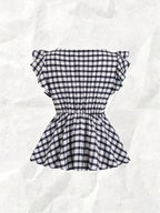 Women's Elegant and Stylish Casual Plaid Print Square Neck Short Sleeve Shirt, Plaid Pattern Top, Women's Top, Casual Pleated Top, Women's Plaid Top, Square Neck Top - Mixed colors