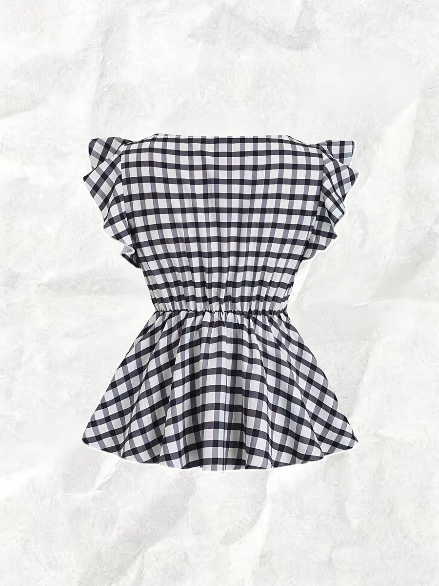 Women's Elegant and Stylish Casual Plaid Print Square Neck Short Sleeve Shirt, Plaid Pattern Top, Women's Top, Casual Pleated Top, Women's Plaid Top, Square Neck Top - Mixed colors