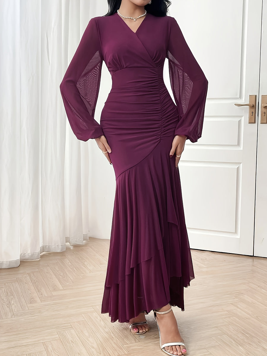 YY0309143 French-Style Elegant V-Neck Pleated Dress, Sexy Mermaid Hem Long Sleeve Maxi Dress, High-End Evening Party Gown - Rose Red