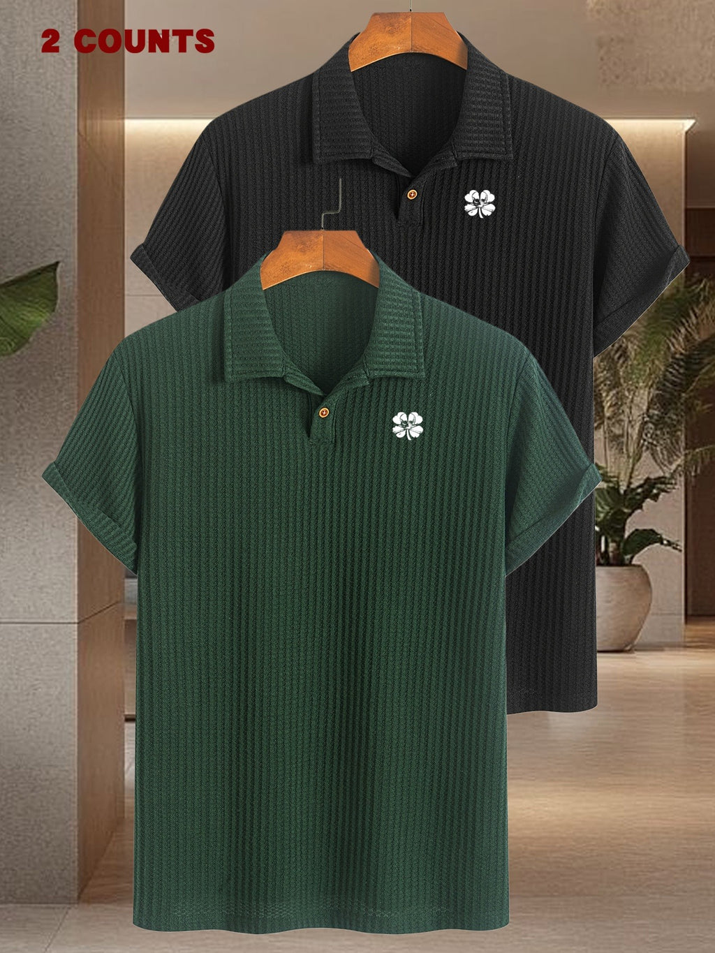 2pcs Set Summer Men'S Textured Jacquard Short Sleeve POLO Shirts | Comfortable Casual Soft Knit Lapel Collar, Regular Fit, Medium Stretch Fabric - Dark Green + Black