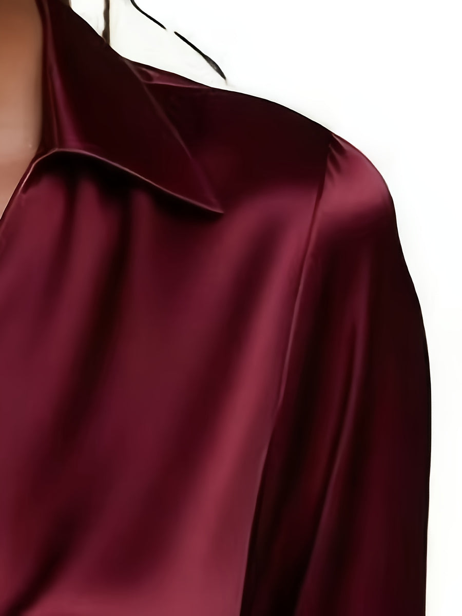 Women'S Elegant Shimmering V-Neck Long Sleeve Shirt - Burgundy
