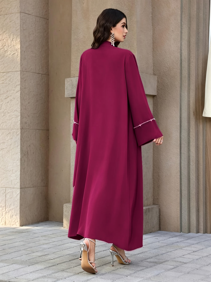 1pc Women Open Front Abaya Cardigan, Elegant Pearl Rhinestone Embellished Long Sleeve Maxi Outerwear, Modest Islamic Dubai Style Abaya Coat for Party Evening - Deep Red