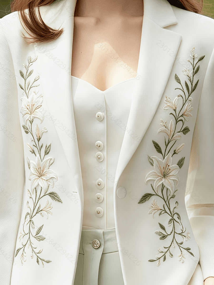 Women White Notched Lapel Blazer Elegant Floral Embroidery Slim Suit Jacket Elegant White Tailored Blazer Green Leaf Butterfly Embroidery Single Button Outerwear Vintage Floral Butterfly Embroidery White Blazer Ladies Formal Office Suit Jacket - flower embroidery
