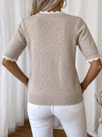 Women'S Elegant Round Neck Sweater Pullover, Casual Short Sleeve Top, Solid Color Spring Summer Pullover, Loose Fit, Comfortable Wear, Suitable for Spring Summer Autumn Fashion Versatile Women'S Clothing, Short And Deep - Khaki