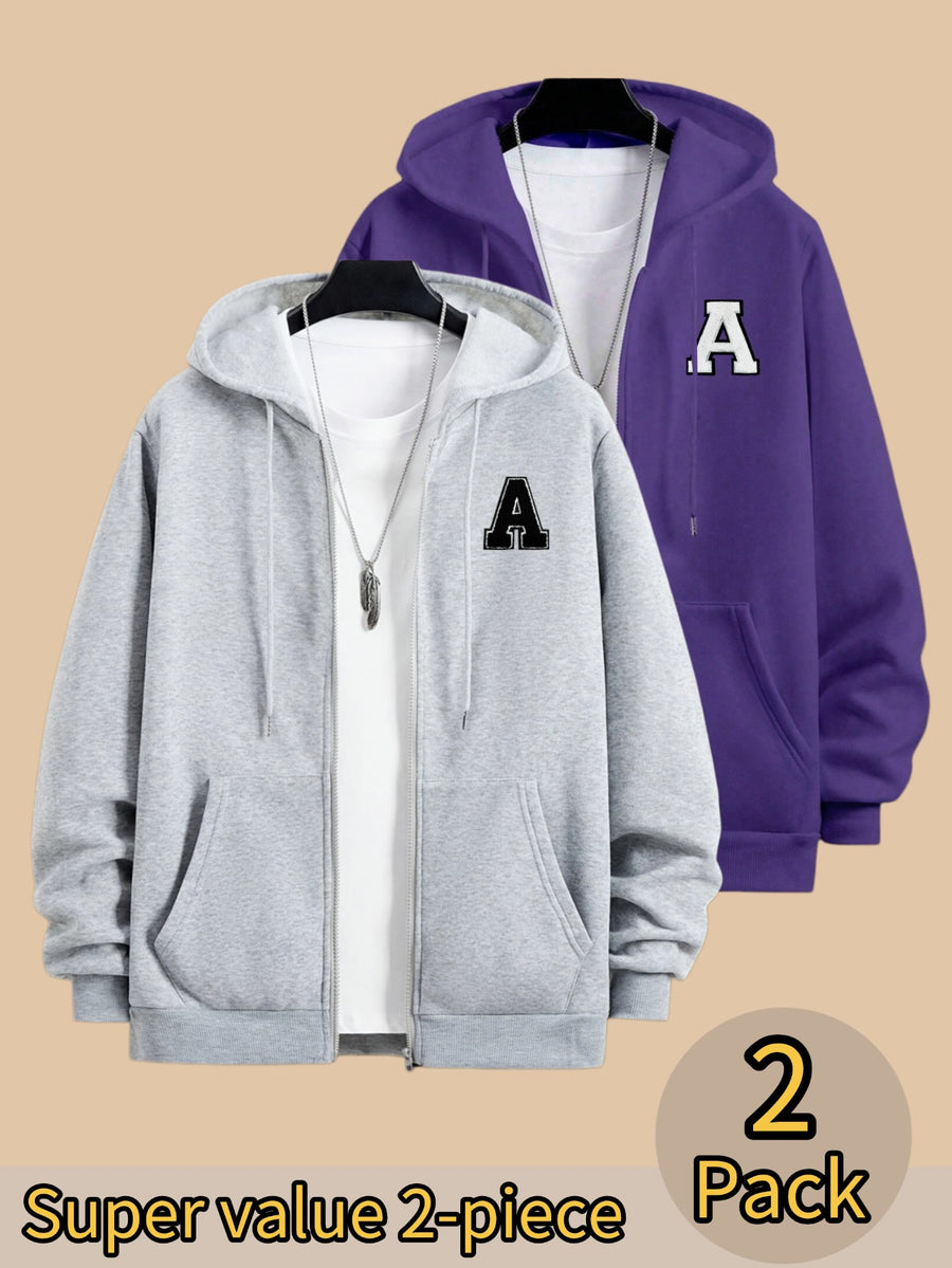 50% Cotton, 50% Polyester, 2-Pack Men's Zippered Hooded Fleece-Lined Sweatshirt, Men's Clothing, Long-Sleeve Fleece Jacket, Zippered Top, Hooded Sweatshirt, Pockets, Drawstring, Suitable for Outings, Casual Wear, Back-to-School Season - Light Grey+Purple
