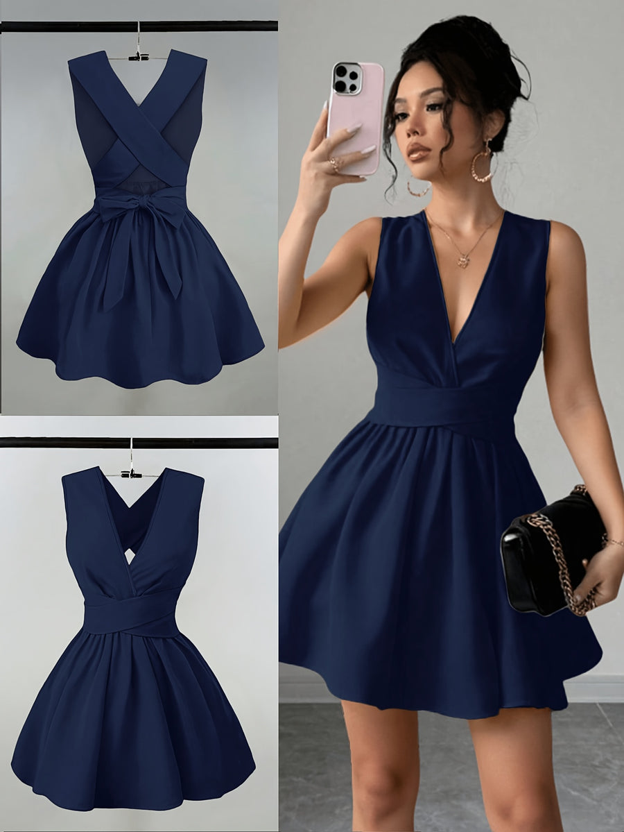 Women'S Romantic Elegant Sexy Wedding Guest Style Wearable Cross V-Neck Sleeveless A-Line Mini Dress - Navy Color