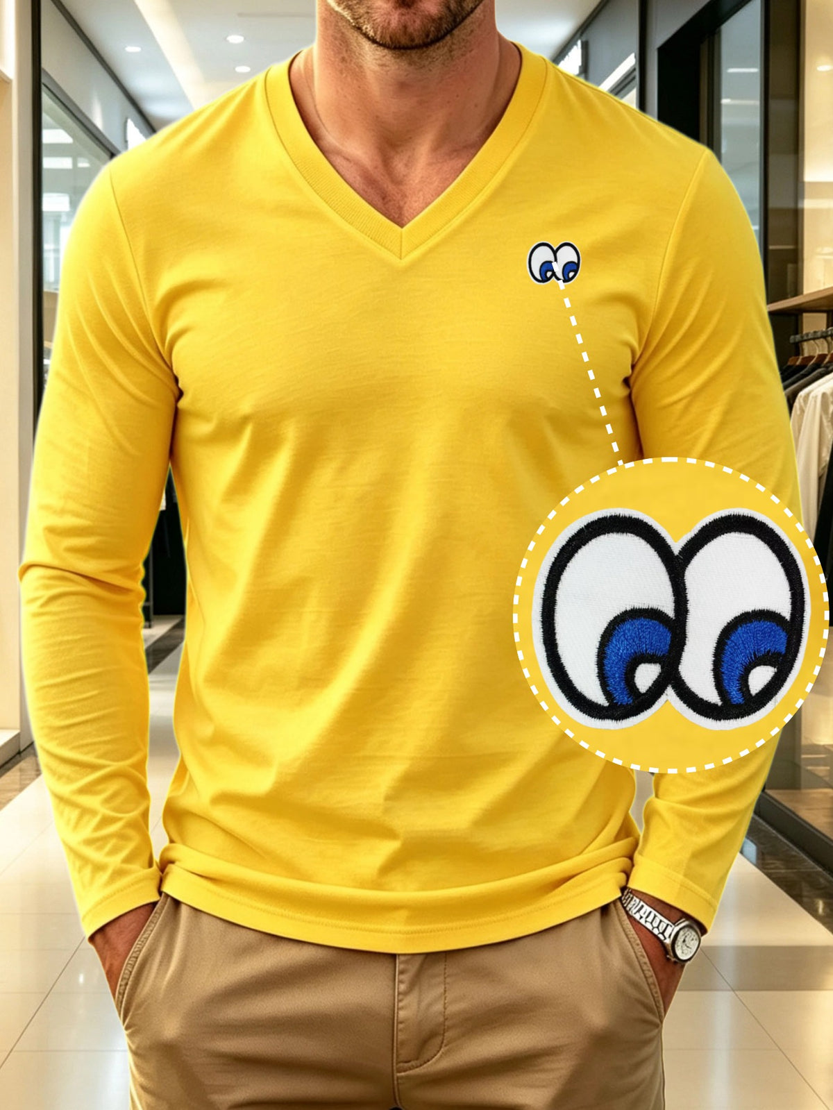 100% Cotton Men's V-Neck Long Sleeve Crewneck T-Shirt, Men's Knitted Sweatshirt, Casual Sport Outdoor Top, New Men's Casual Versatile T-Shirt, Back-to-School Season, Gift for Friends - Yellow 2