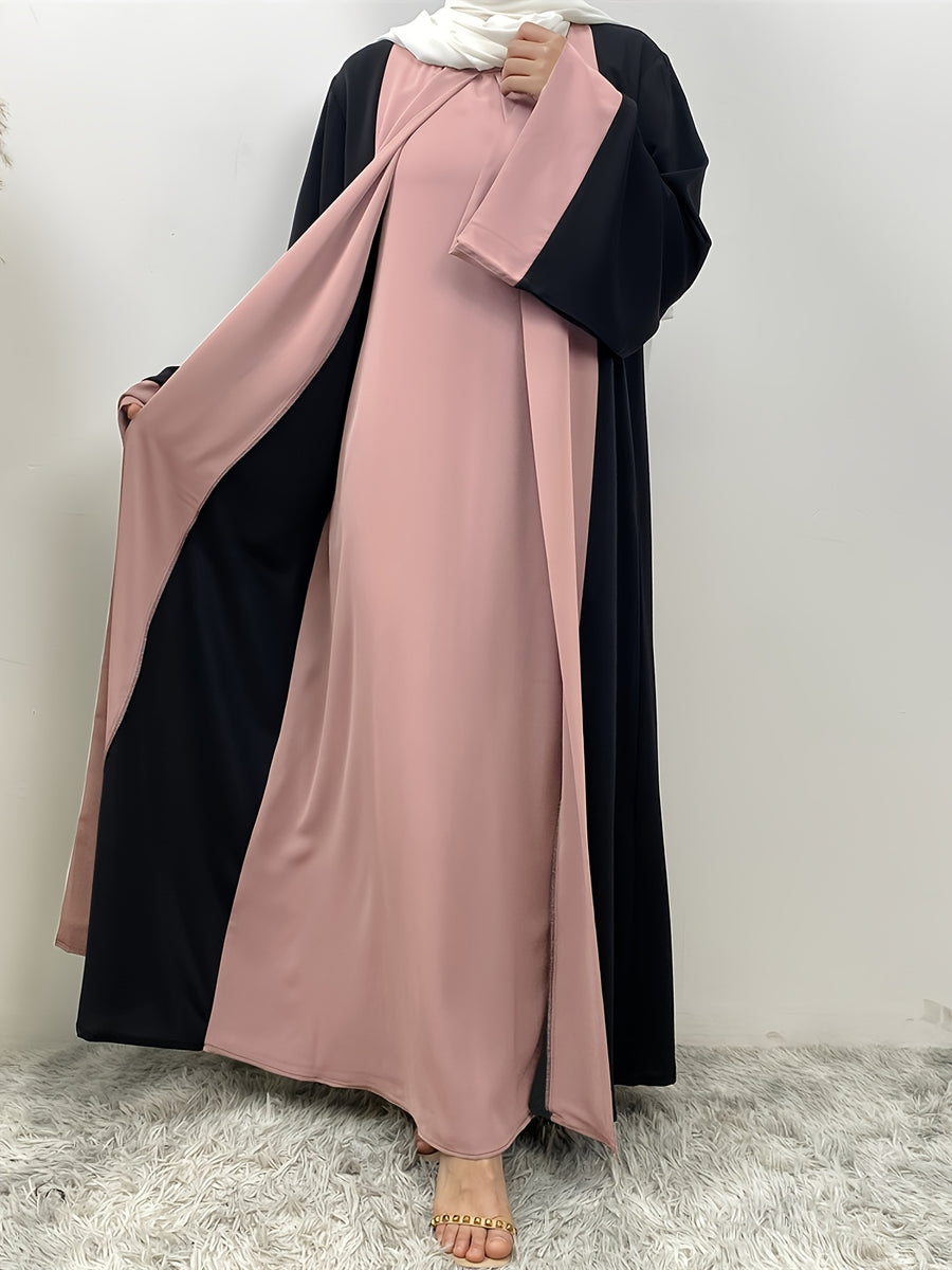 1pc Elegant Muslim Dress with Niche Minimalist Color-Block Design, Fluid and Solid-Paneled, Loose and Unrestrictive, Breathable and Non-Stuffy, Suitable for All Seasons - Pink Color