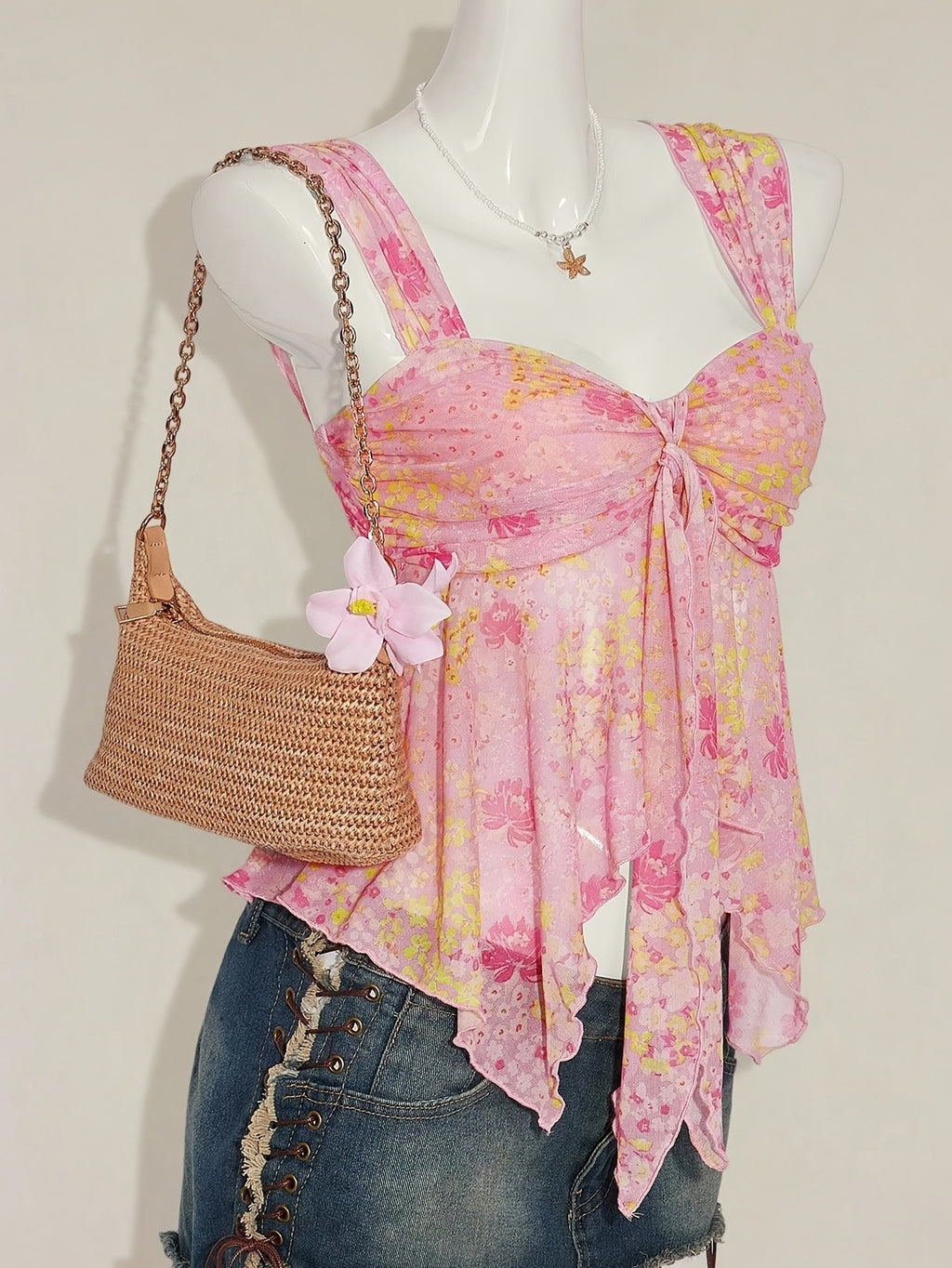 Women'S Ditsy Floral Asymmetrical Hem Cute Floral Top, Cute Summer Top Autumn Women'S Wear Niannian - pink color