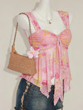 Women'S Ditsy Floral Asymmetrical Hem Cute Floral Top, Cute Summer Top Autumn Women'S Wear Niannian - pink color