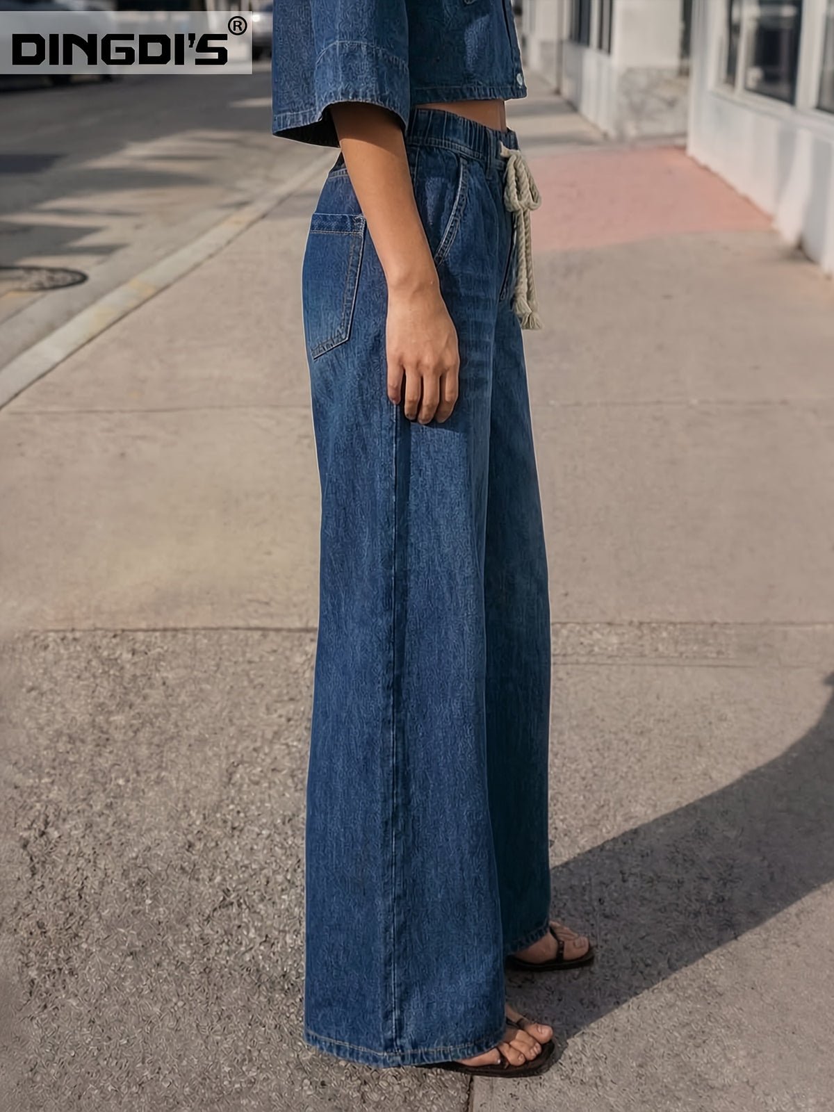 New Women's Wide-Leg Jeans, Drawstring Loose Straight-Leg Denim Pants, Elastic Waistband Washed Denim Fabric Trousers - Deep Blue