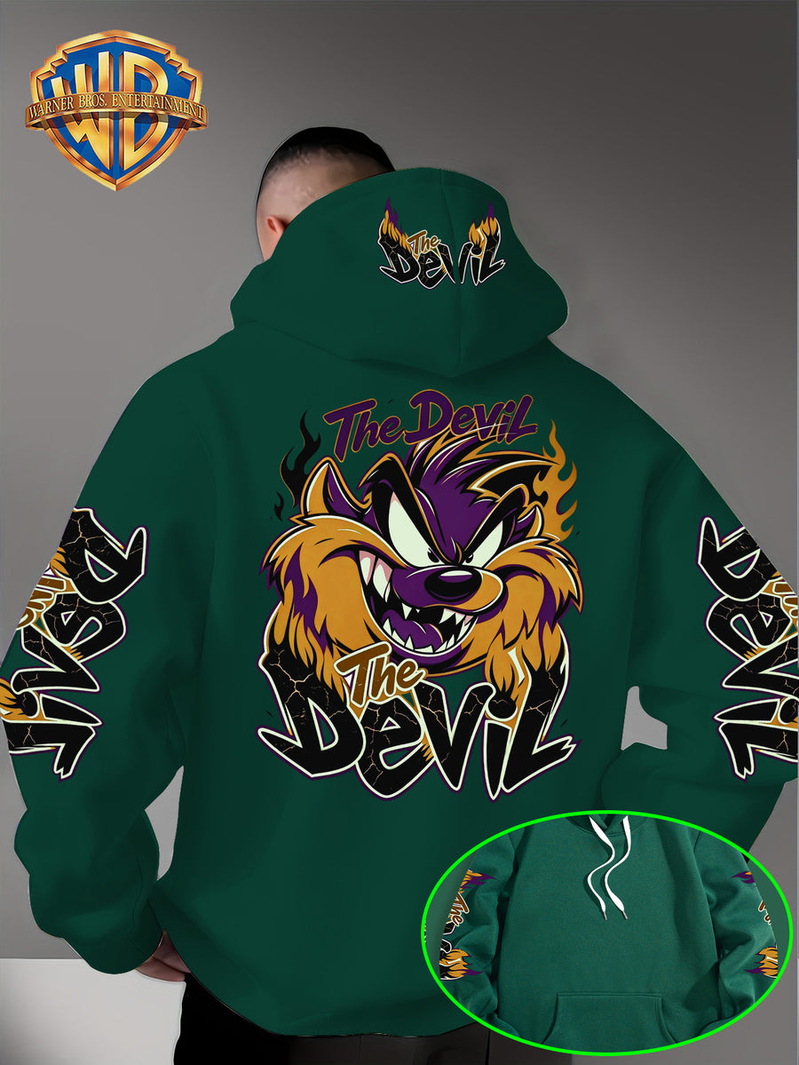 Le Yitong Big Mouth Monster The Devil Flame Print Hooded Sweatshirt, with Sleeve Print Design, Kangaroo Pouch And Drawstring Hood, Suitable for Autumn/Winter Casual Wear And Outdoor Activities - Green
