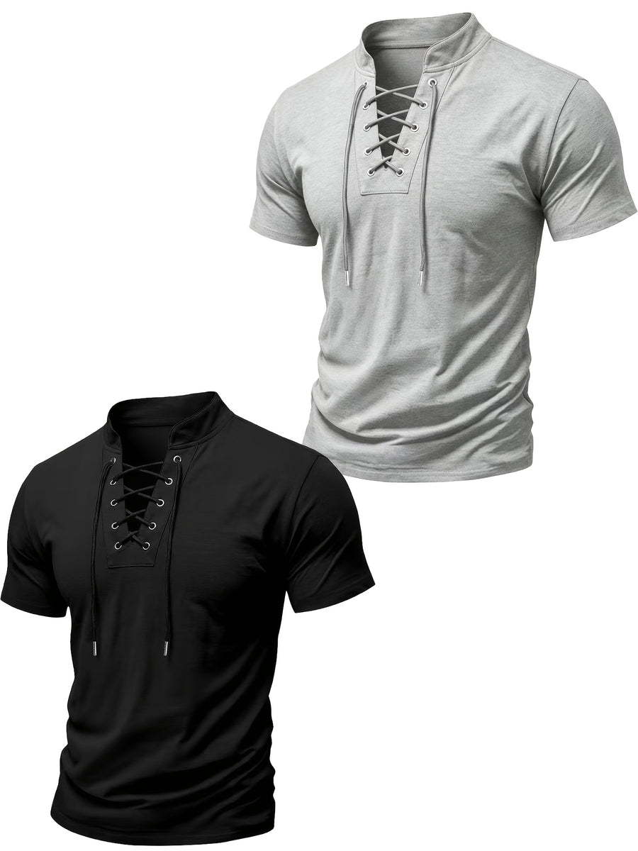 2026 New Men'S Casual Small Lapel Solid Color Short Sleeve, 2pcs Set - Light Gray And Black