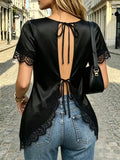 Women'S Elegant French Black Summer Contrast Lace Blouse, Sexy Backless Tie-Up Design, Asymmetrical Hem Top, Suitable for Evening Outings, Vacations, Or Beachwear - Black