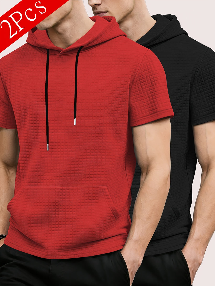 2pcs Men's Waffle Knit Short-Sleeve Hoodie with Kangaroo Pocket, Soft and Breathable Fabric, Multiple Color Options, Versatile, Simple, Stylish, and Casual for Daily Wear or Sports, a Great Choice for Holiday Gifts for Fathers, Partners, and Friends - Red+Black