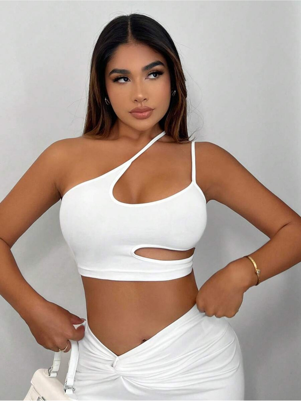 Women Fashion Solid One Shoulder Cut Out Crop Top Summer Party Outfits - White