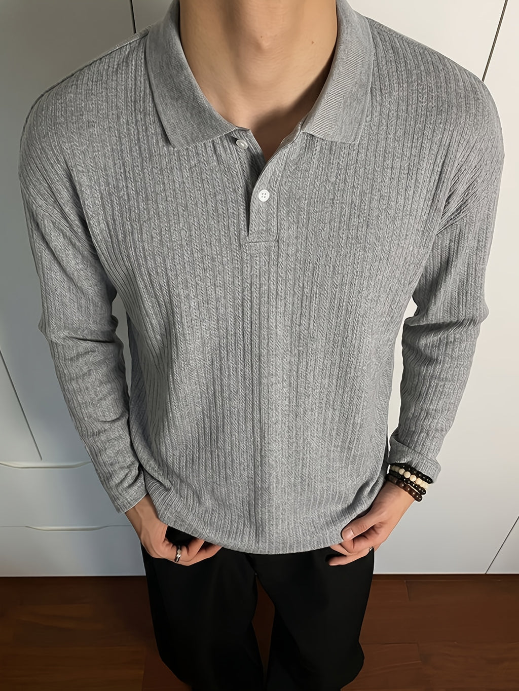 [Pearson OBM] Men'S Light Mature Commuter Vertical Pinstripe Lapel Long Sleeve Polo Shirt, Textured Two-Button Solid Top, Suitable for Spring/Autumn Office Business Date Wear - Grey