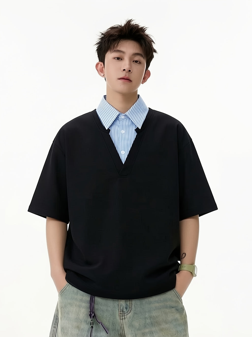 [Shule Water OBM] 2026 New Loose Design Japanese Fake Two-Piece Polo Collar Short Sleeve Men Women Style Summer Couple Half Sleeve T-Shirt - Black