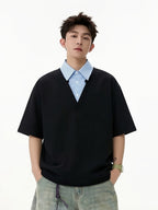 [Shule Water OBM] 2026 New Loose Design Japanese Fake Two-Piece Polo Collar Short Sleeve Men Women Style Summer Couple Half Sleeve T-Shirt - Black