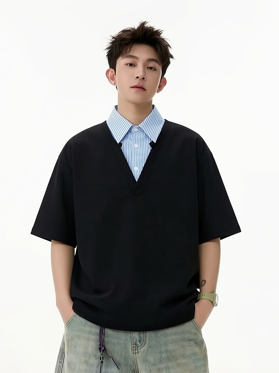 [Shule Water OBM] 2026 New Loose Design Japanese Fake Two-Piece Polo Collar Short Sleeve Men Women Style Summer Couple Half Sleeve T-Shirt - Black