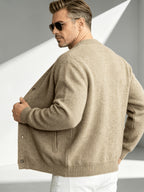 2026 New Fashionable Business Mature Casual Men's Crew Neck Single-Breasted Knit Cardigan, Ribbed Cuffs and Hem Loose Long-Sleeve Knit Outerwear, Suitable for Daily, Office, and Weekend Outings in Autumn and Winter - Khaki
