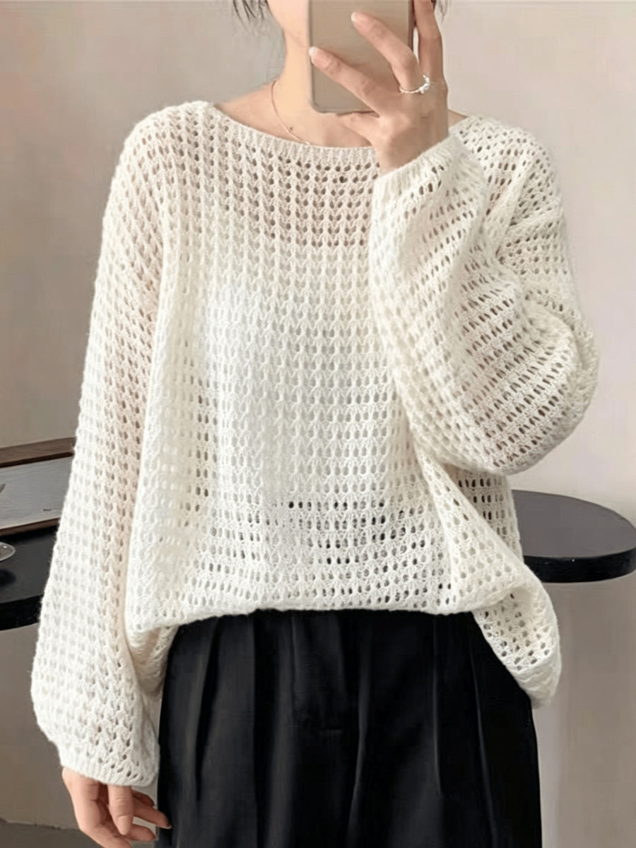 Women's New Spring/Summer Hollow-Out Solid Color One-Shoulder Pullover Knitwear, Casual Style Outer Cover-Up Shirt - Apricot