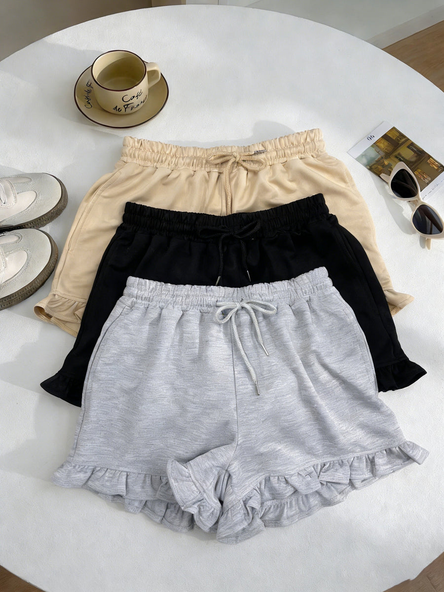 3-Pack Women's Loose-Fit Casual Shorts with Lace Trim, Drawstring Low-Waist Summer Loose Shorts with Pockets, Hot Shorts, Beach Vacation Apparel, Running Shorts, Comfortable Spring/Summer Fashion - Black+Gray+Ginger