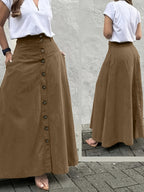 Women's Elegant Solid Color High Waist Mid-Long Skirt, Fashionable and Practical with Pockets and Button Front Slit A-line Skirt, Can be Worn in Spring, Summer, Autumn and Winter - Coffee Brown