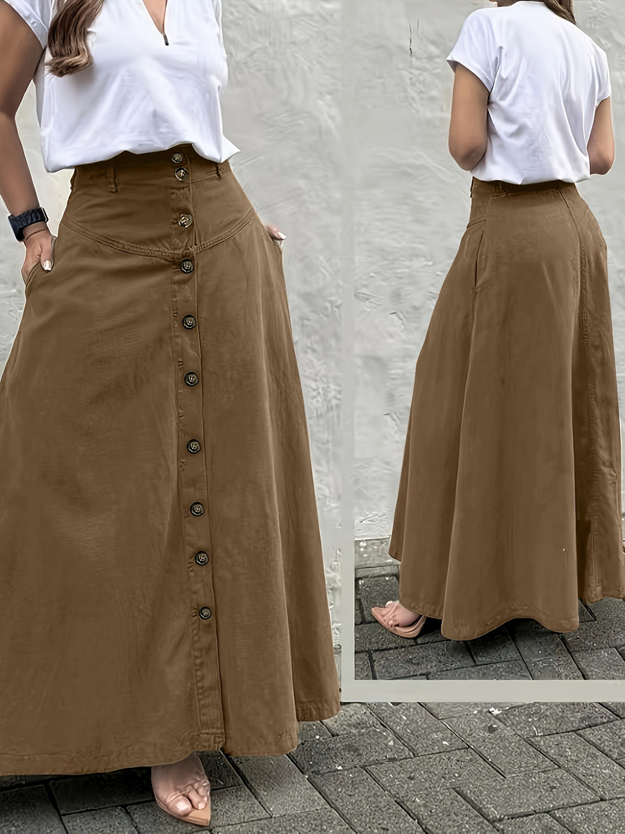 Women's Elegant Solid Color High Waist Mid-Long Skirt, Fashionable and Practical with Pockets and Button Front Slit A-line Skirt, Can be Worn in Spring, Summer, Autumn and Winter - Coffee Brown