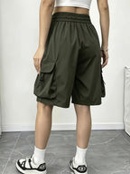 Women's Y2K Style Quick-Dry Cargo Shorts - Wide-Leg Pants with Elastic Waistband & Pockets, Shorts Suitable for Outdoor,, Casual Attire, Machine Washable, - Versatile for Occasions (No Transparency) - fern green