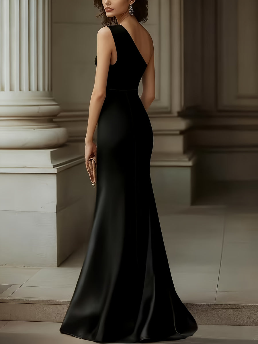 Spring/Summer Women's Elegant One-Shoulder Black and Golden Contrast Evening Gown for Wedding Guests - Color block