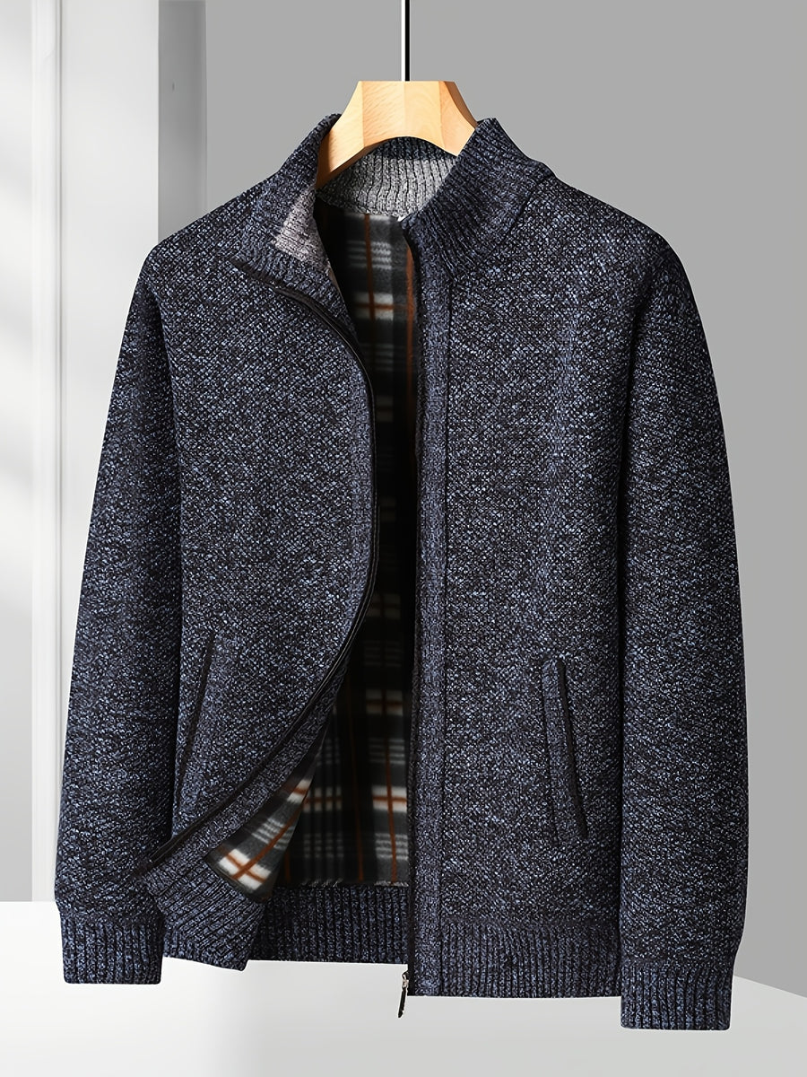 Easy And Casual Men'S Thick Knitted Cardigan, Autumn And Winter Stand Collar Zipper Top Classic Basic Style with Practical Double-Sided Pockets, Basic Style for Daily Wear of Young And Middle-Aged People - Navy Color