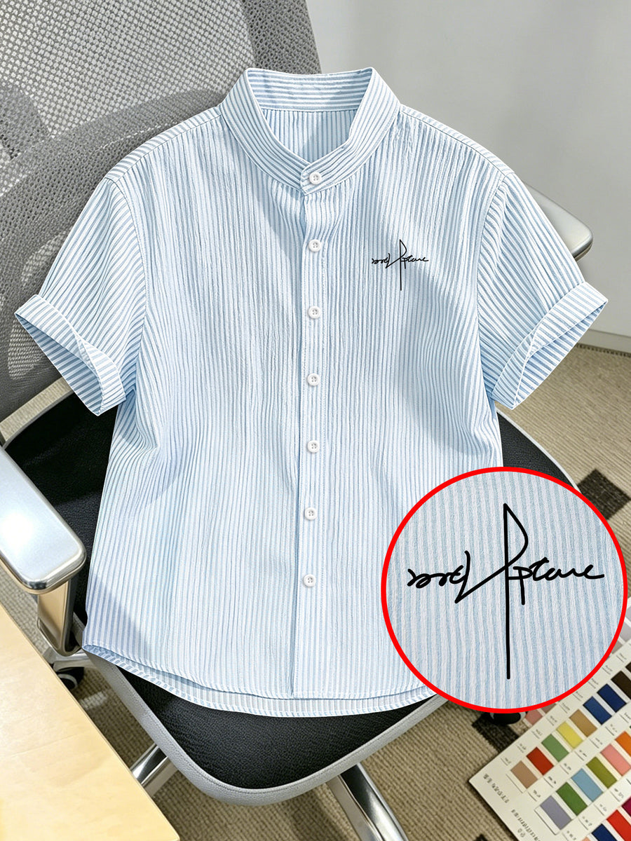 Men'S Striped Shirt with Letter Print, Breathable Striped Summer Shirt, Stand-Up Collar Design Suitable for Beach Outings And Casual Leisure, Beach Shirt, Outdoor Casual, Soft Texture, Vacation Wear - Light Blue