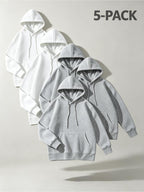 5pcs Men'S Fashion Hoodies, 3 White And 2 Gray, Multiple Sizes, Polyester Fabric, Casual Comfortable Design, Front Pockets, Drawstrings, Versatile for Daily Wear - 3 White + 2 Gray