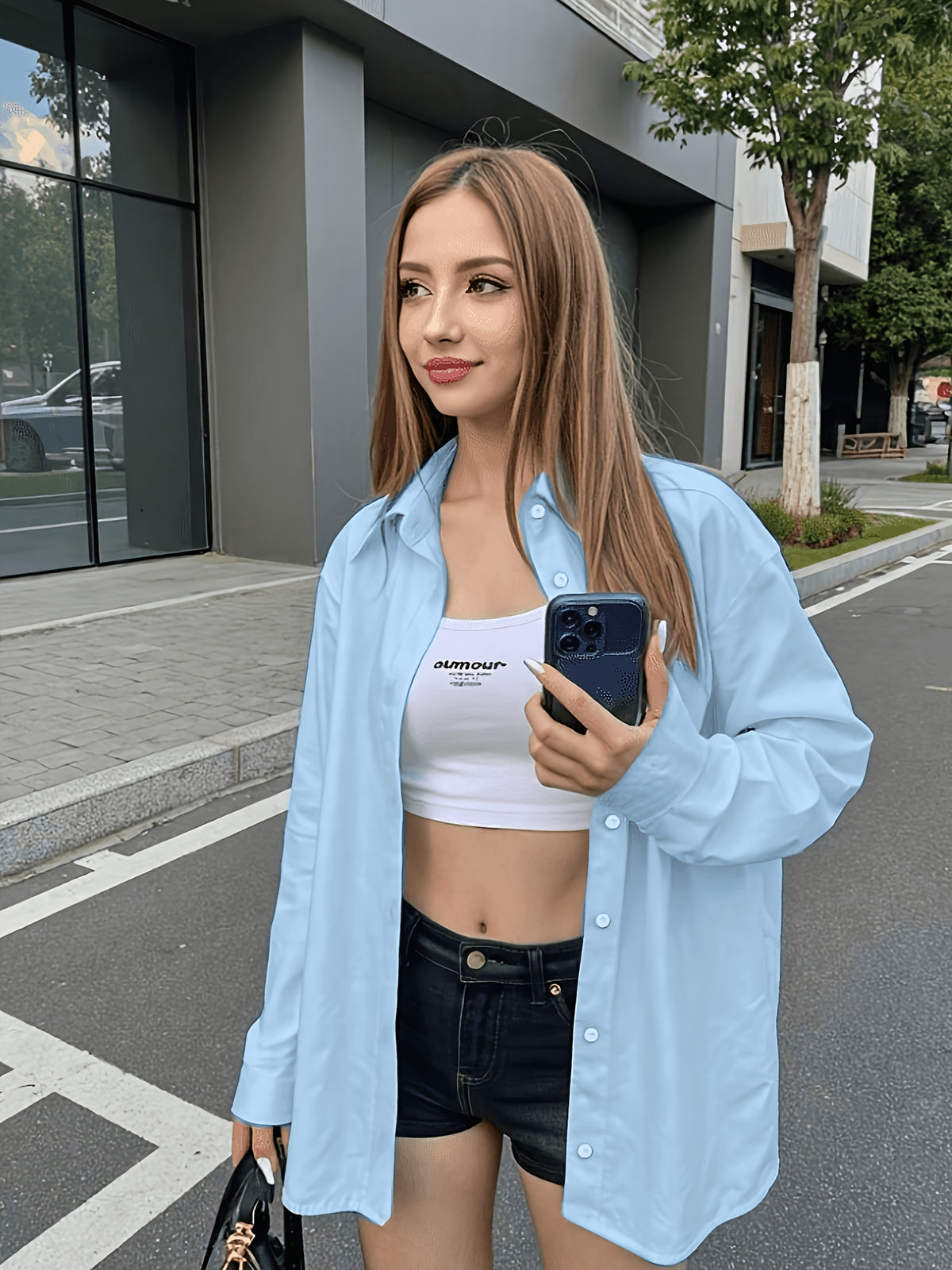 Solid Color Long Sleeve French Shirt for Women New Arrival - Sky Blue