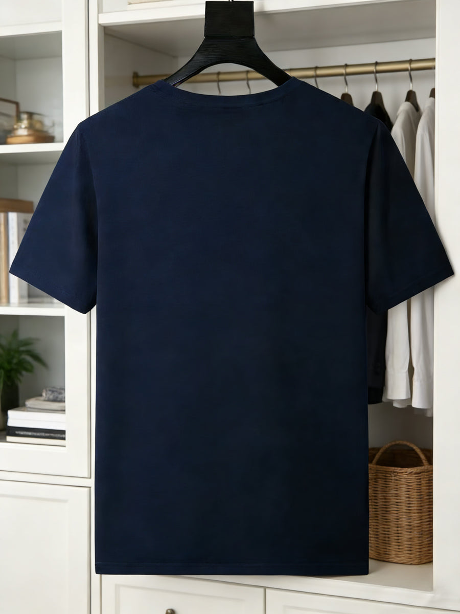 Men's White Loose Crew Neck T-Shirt with Centered Horizontal Stripes & Orange Maple Leaf Print, Soft Minimalist Niche Design, Slim Flattering Breathable Basic Tee for Daily Summer Wear - Navy Color