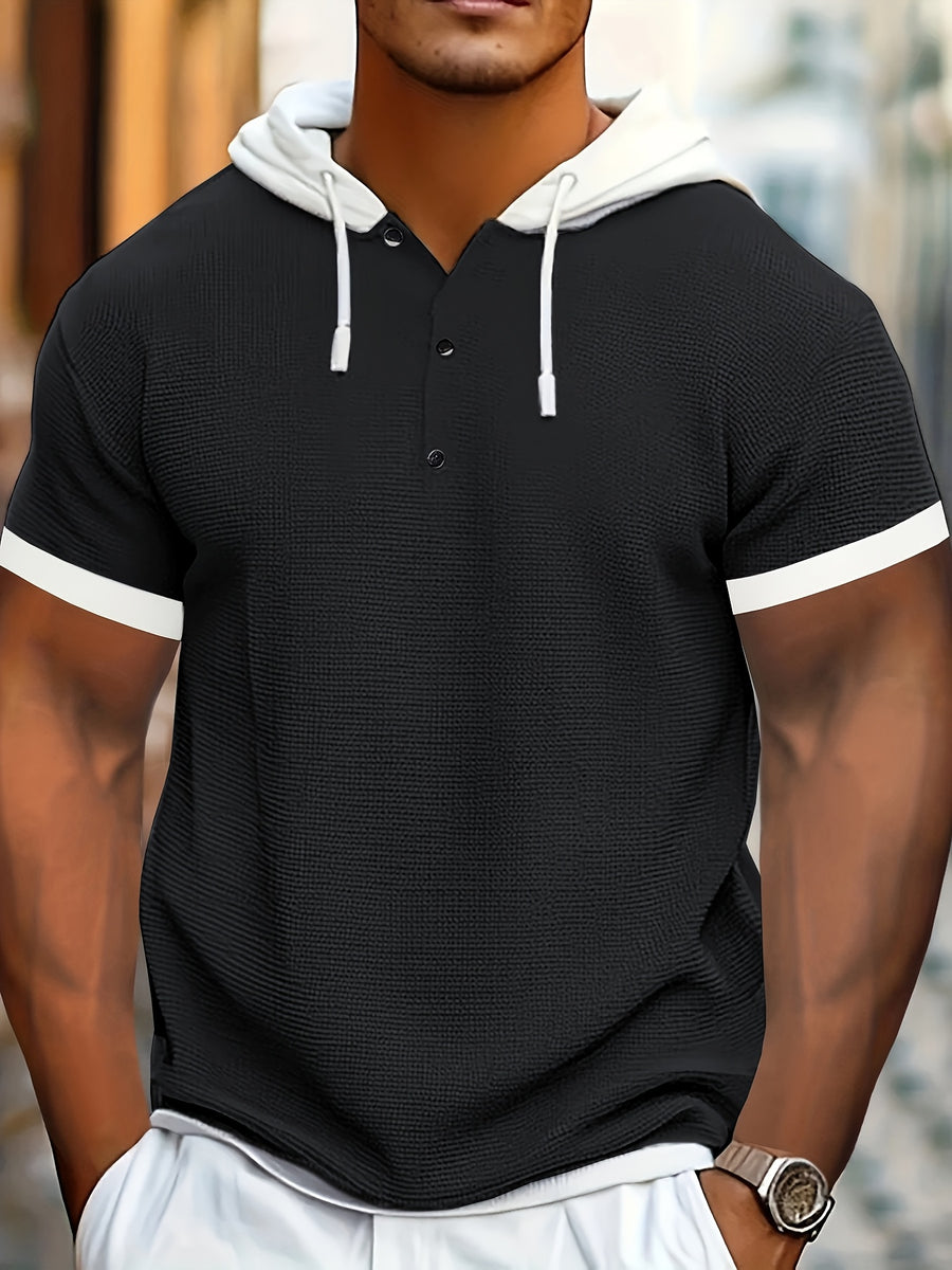 Men's Casual Short Sleeve Hooded Henley Shirt - Textured Waffle Knit & Contrast Color Block Design with Metal Buttons, Breathable Summer Outdoor Sportswear, Machine Washable Regular Fit, Henley Placket Design - Black