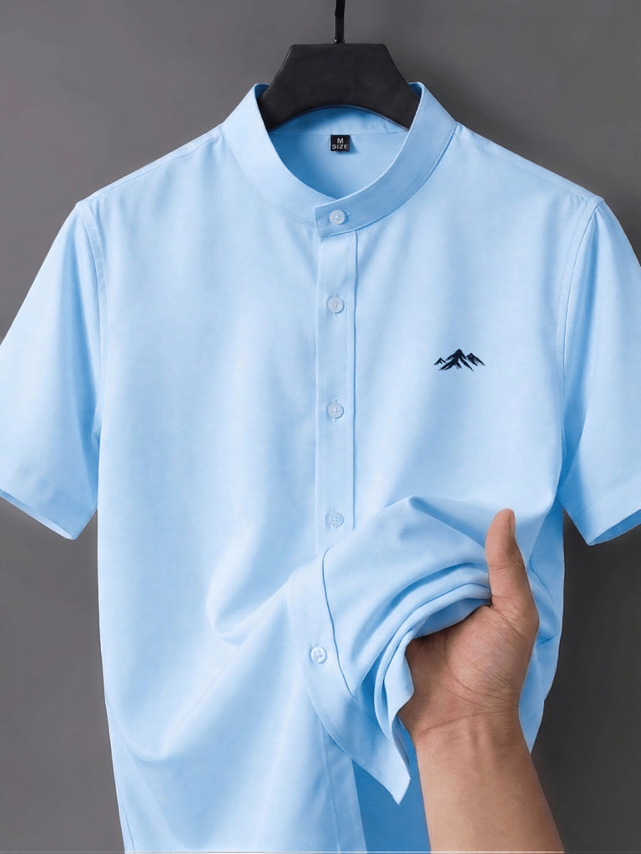 Men's Short-sleeve Shirt with Stand-up Collar/Henley Collar Design, Featuring Exquisite Peak-shaped Embroidery on the Chest - Light Blue