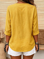 Women'S Solid Color V-Neck Long-Sleeved Shirt, Loose And Single-Breasted Casual Daily Vacation Top - Yellow
