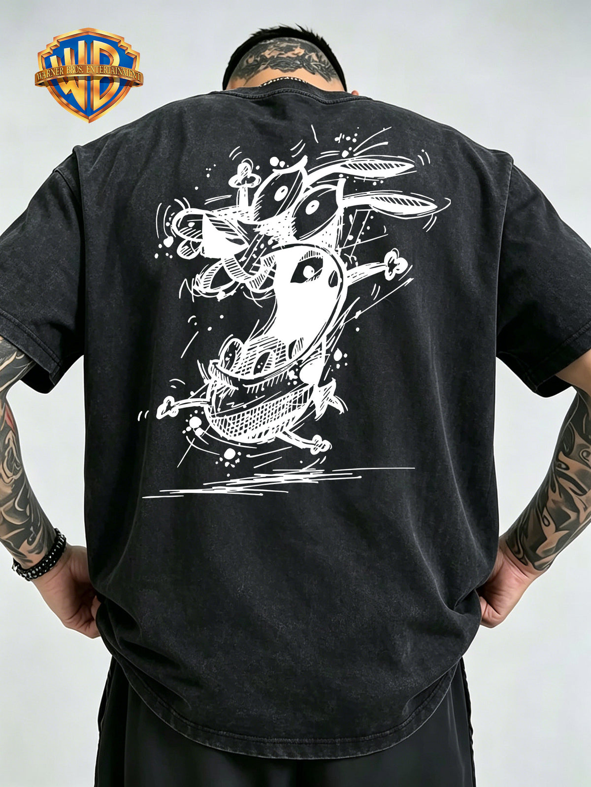 Timid Dog Sketch Line Print Washed Distressed T-Shirt, Men'S 100% Fabric, Casual Comfortable Style, Loose Fit Breathable Short Sleeve Men'S Casual Top, Distressed Washed Loose Fit - Black