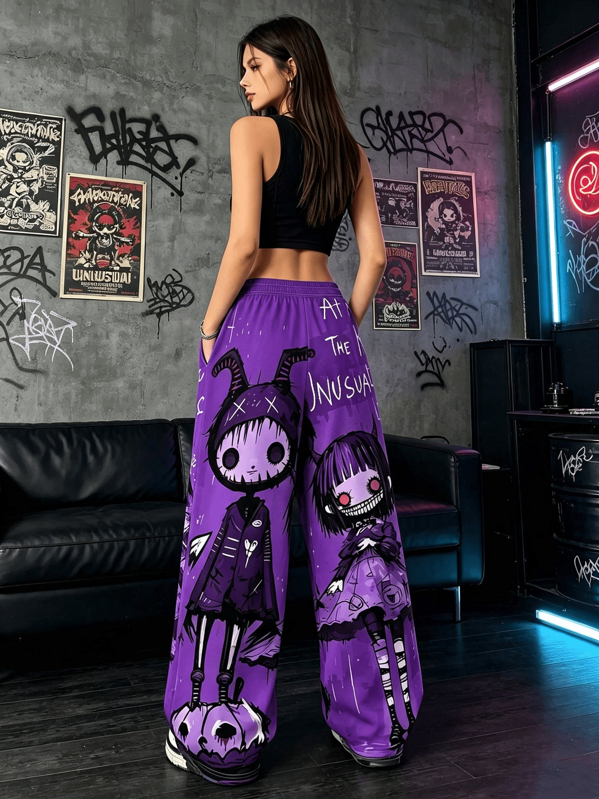 Women'S Digital Print Spring Summer Autumn Retro Horror Doll Cartoon Printed Women'S Trousers, Punk Y2K Subculture Loose Drapey Wide-Leg Pants - Purple