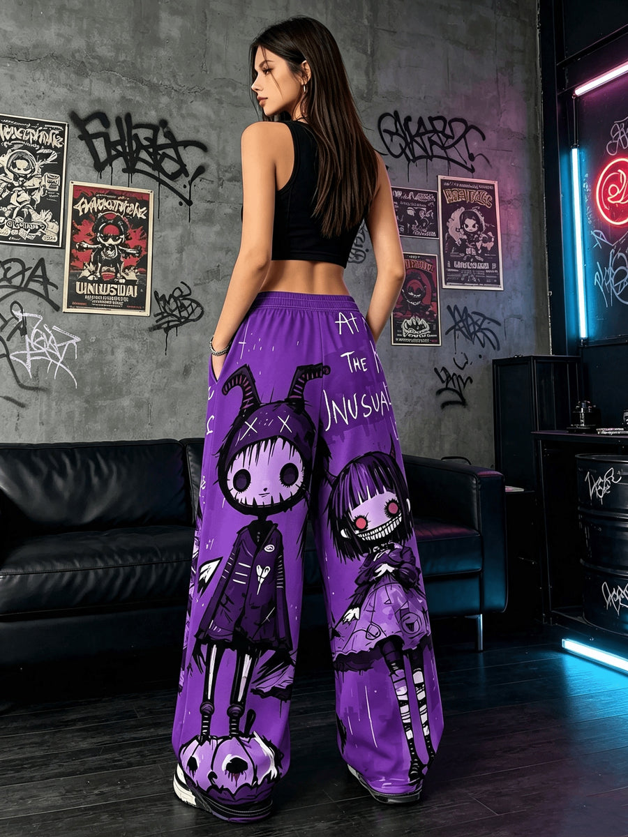 Women'S Digital Print Spring Summer Autumn Retro Horror Doll Cartoon Printed Women'S Trousers, Punk Y2K Subculture Loose Drapey Wide-Leg Pants - Purple