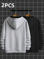 2pcs Novelty Diagonal Zipper Hoodie, Men's Casual Stretch Hooded Sweatshirt Jacket, Men's Sportswear - Gray Black