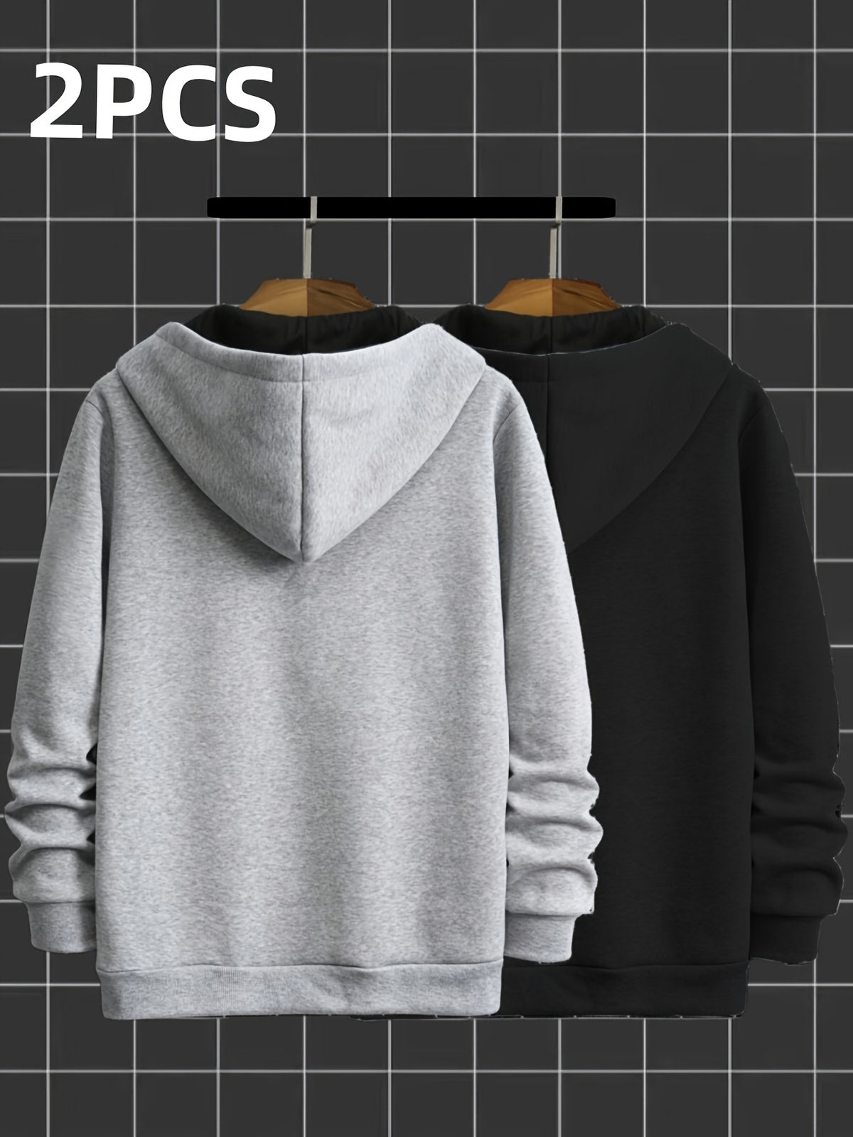 2pcs Novelty Diagonal Zipper Hoodie, Men's Casual Stretch Hooded Sweatshirt Jacket, Men's Sportswear - Gray Black