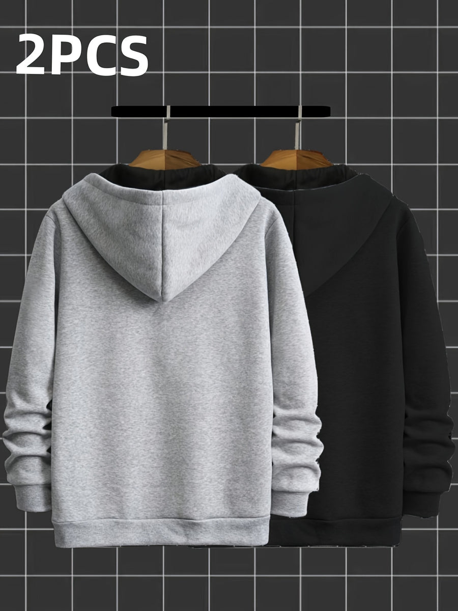 2pcs Novelty Diagonal Zipper Hoodie, Men's Casual Stretch Hooded Sweatshirt Jacket, Men's Sportswear - Gray Black