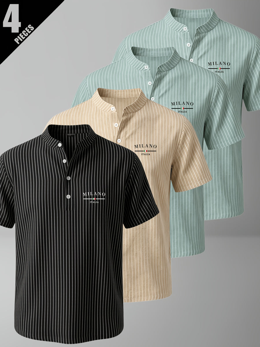 4pcs Men'S Summer Striped Linen Blend Henley Shirts, Milan Print Stand Collar Breathable Short Sleeve, Office Casual Versatile Top - Mixed Color 10