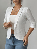Elegant Women'S Spring And Autumn Fashion Coat with Solid Color, Short Sleeves, Open Front, Eyelet Embroidery, And Lightweight Cardigan - White